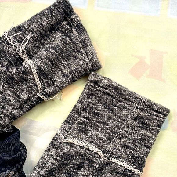 Free People Hooded Denim Knit Jacket Navy Black Gary Distressed L Mixed Media - Picture 9 of 13